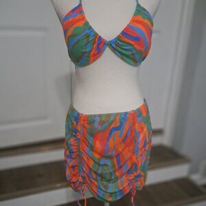 Three Piece Multicolor Triangle Halter Bikini with Mesh Skirt XL Unbranded
